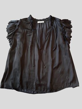 Ulla Johnson Black Ruffle Flutter Sleeve Blouse Floral Embroidered Top